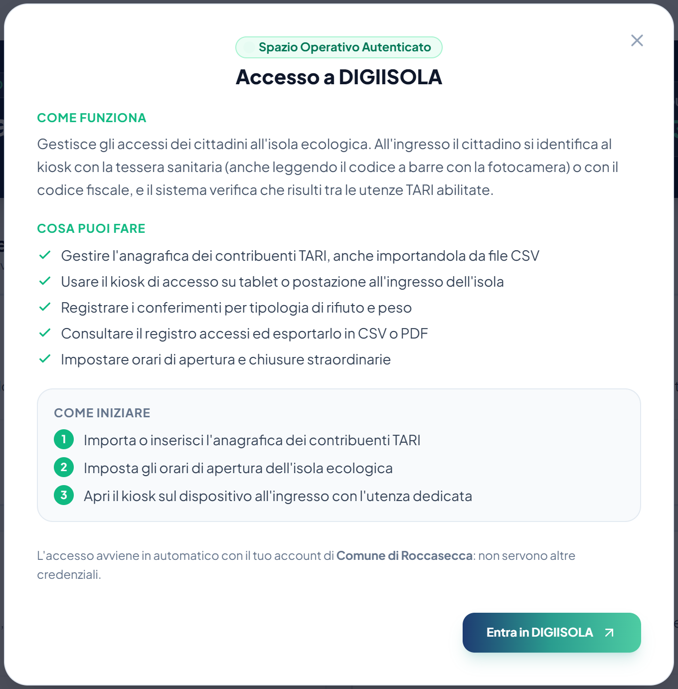 Finestra di accesso automatico a un modulo DigiComuni, senza bisogno di nuove credenziali